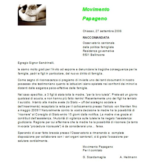 Lettera all'Osservatorio cantonale delle politiche familiari